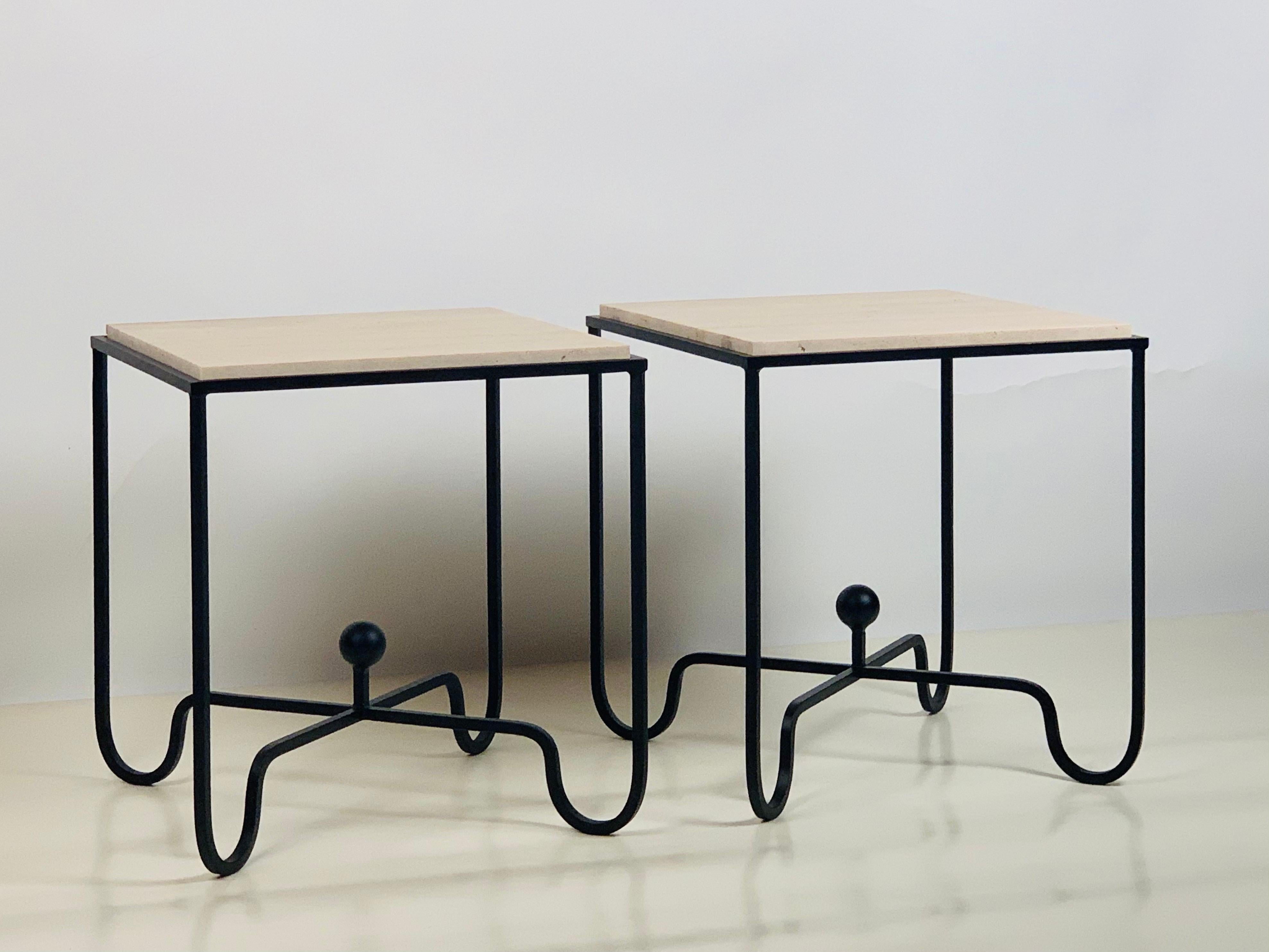 French Pair of Tall Iron and Travertine 'Entretoise' Side Tables by Design Frères For Sale