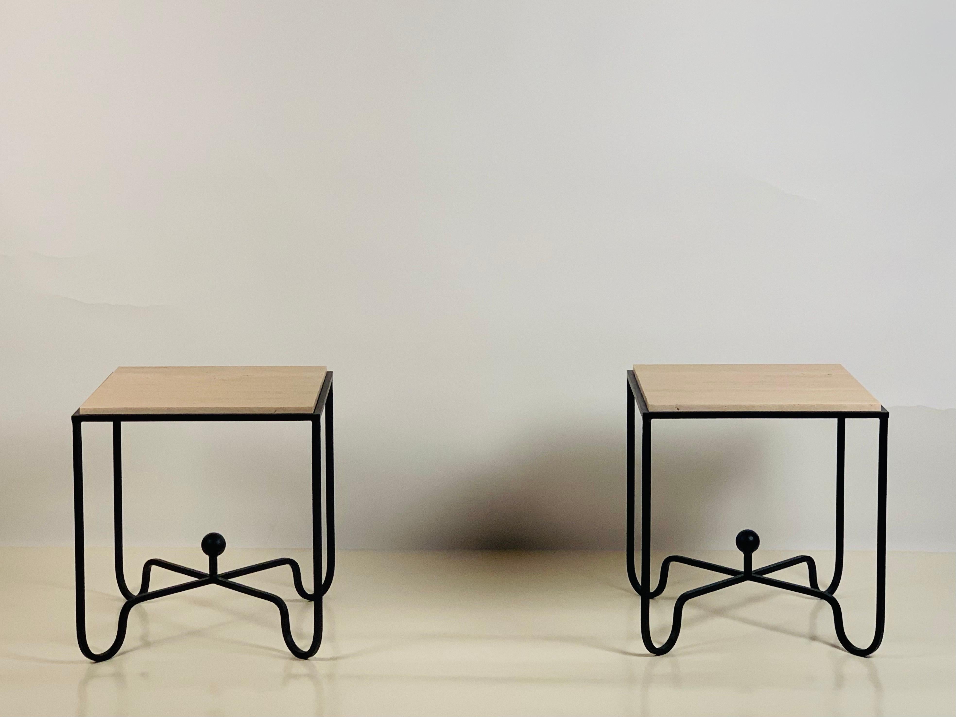 Painted Pair of Tall Iron and Travertine 'Entretoise' Side Tables by Design Frères For Sale