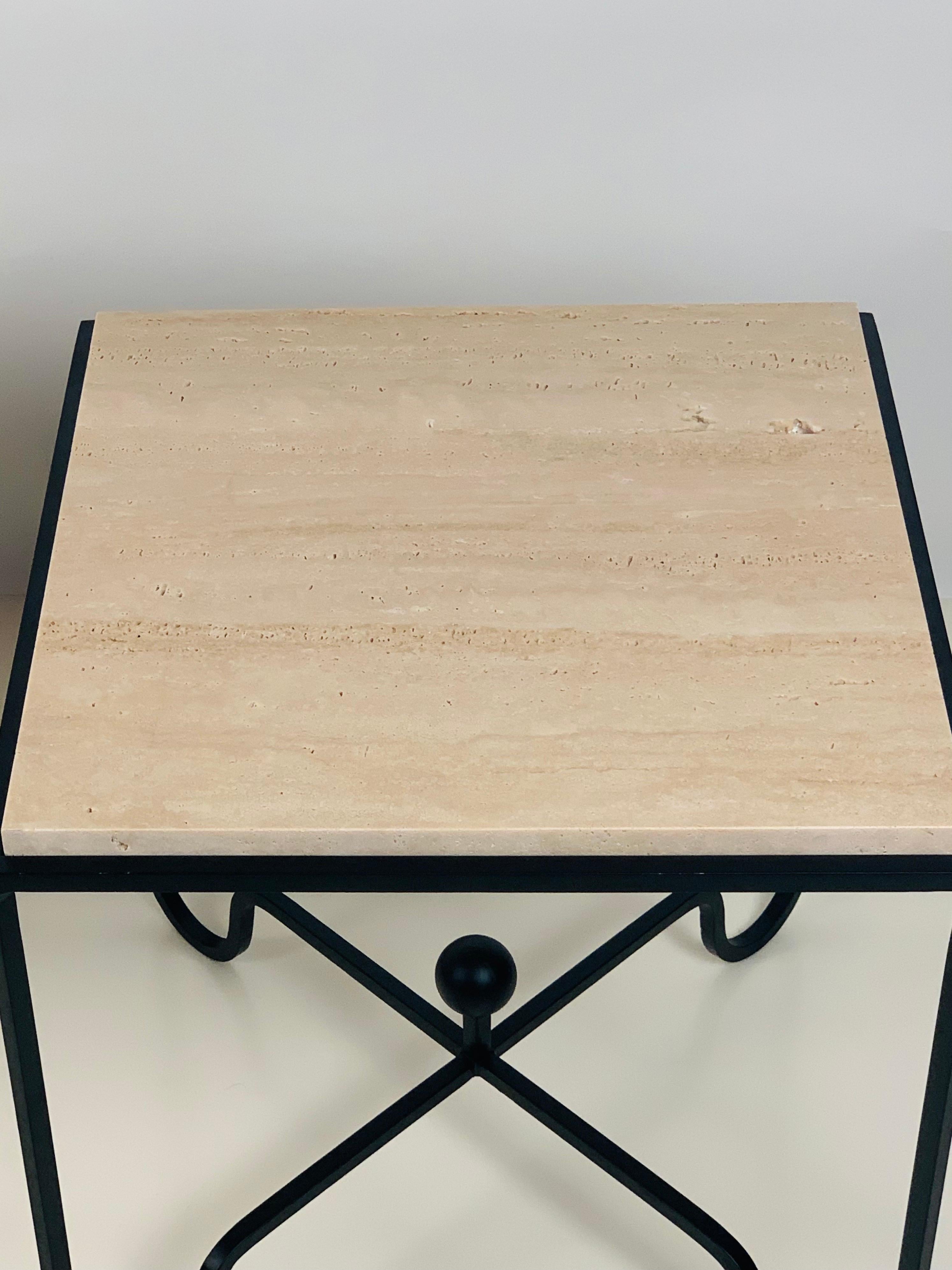 Pair of Tall Iron and Travertine 'Entretoise' Side Tables by Design Frères In New Condition For Sale In Los Angeles, CA