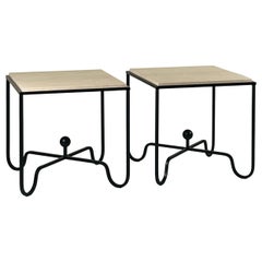 Pair of Tall Iron and Travertine 'Entretoise' Side Tables by Design Frères