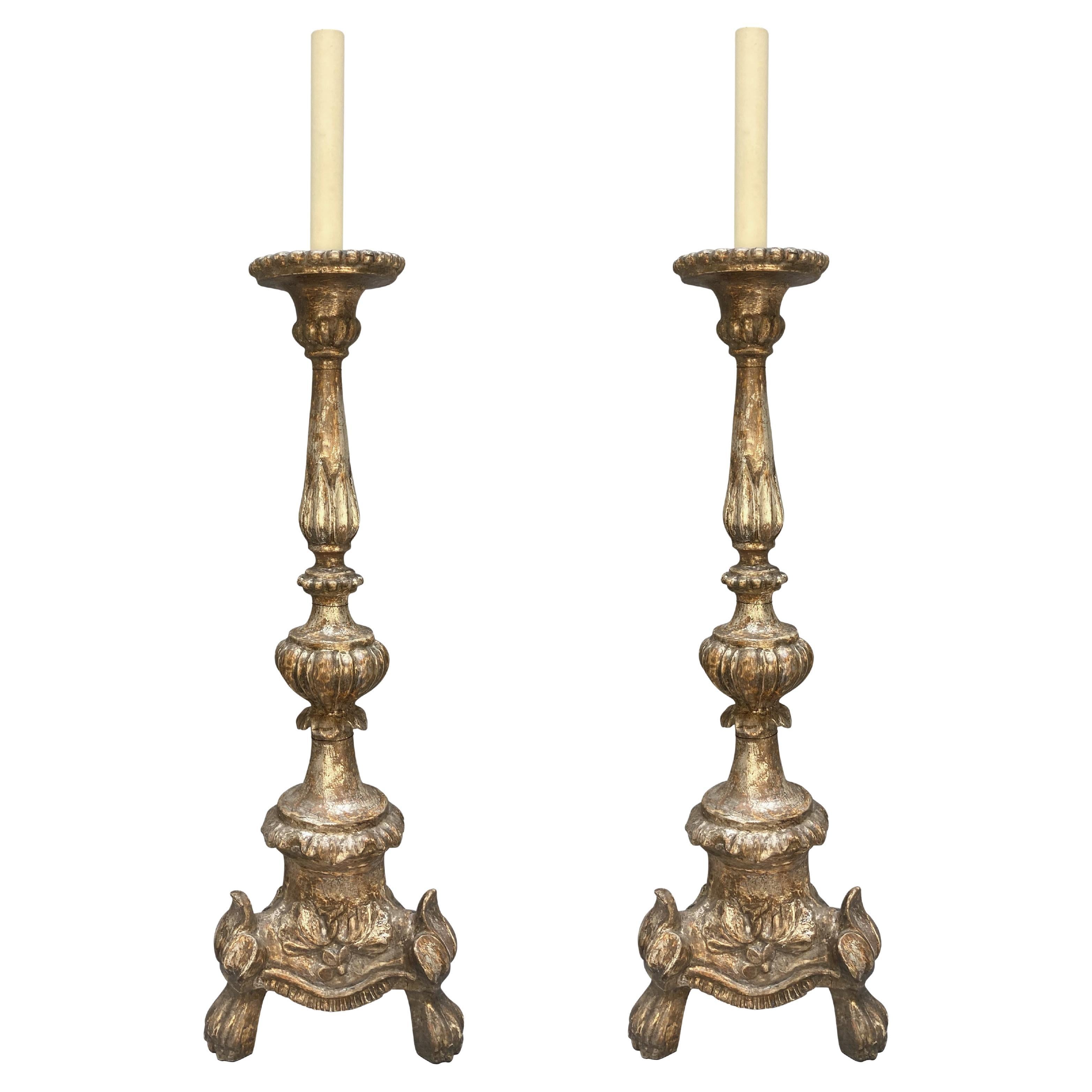 Pair Of Tall Italian 18th Century Silver Leaf Candlestick Lamps