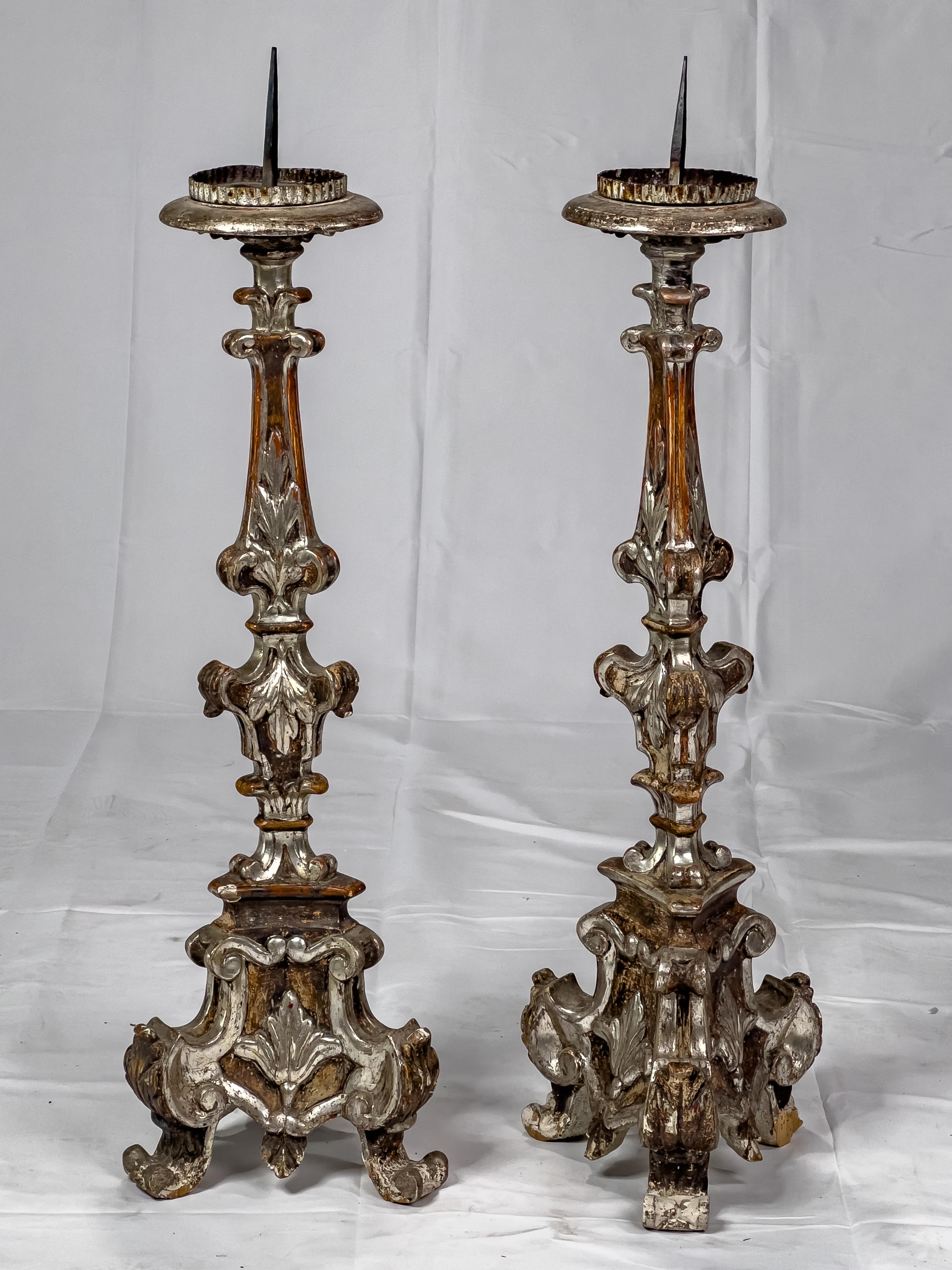 Pair of Tall Italian Baroque style silver gilt 19th c. pricket Candlesticks. Originally made for an Italian church.