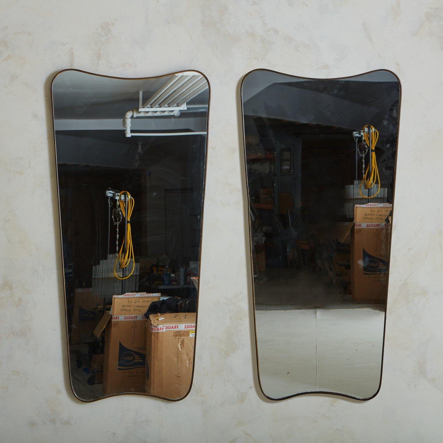 Mid-Century Modern Pair of Tall Italian Brass Frame Mirrors, 20th Century 