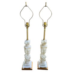 Pair of Tall Italian Carved Alabaster Table Lamps by Marbro Lamp Co.