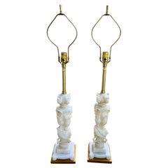 Pair of Tall Italian Carved Alabaster Table Lamps by Marbro Lamp Co.