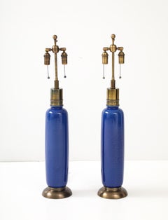Pair of Tall Italian Ceramic Lamps with a Beautiful Mottled Blue Glaze.