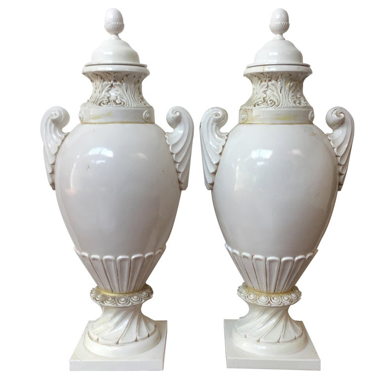 Pair of Tall Italian Ceramic Urns For Sale at 1stdibs
