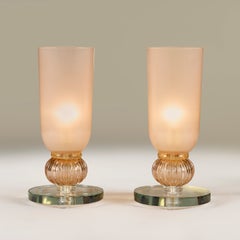 Pair of tall Italian Murano rose glass urn upligthers, decorative fluted ball