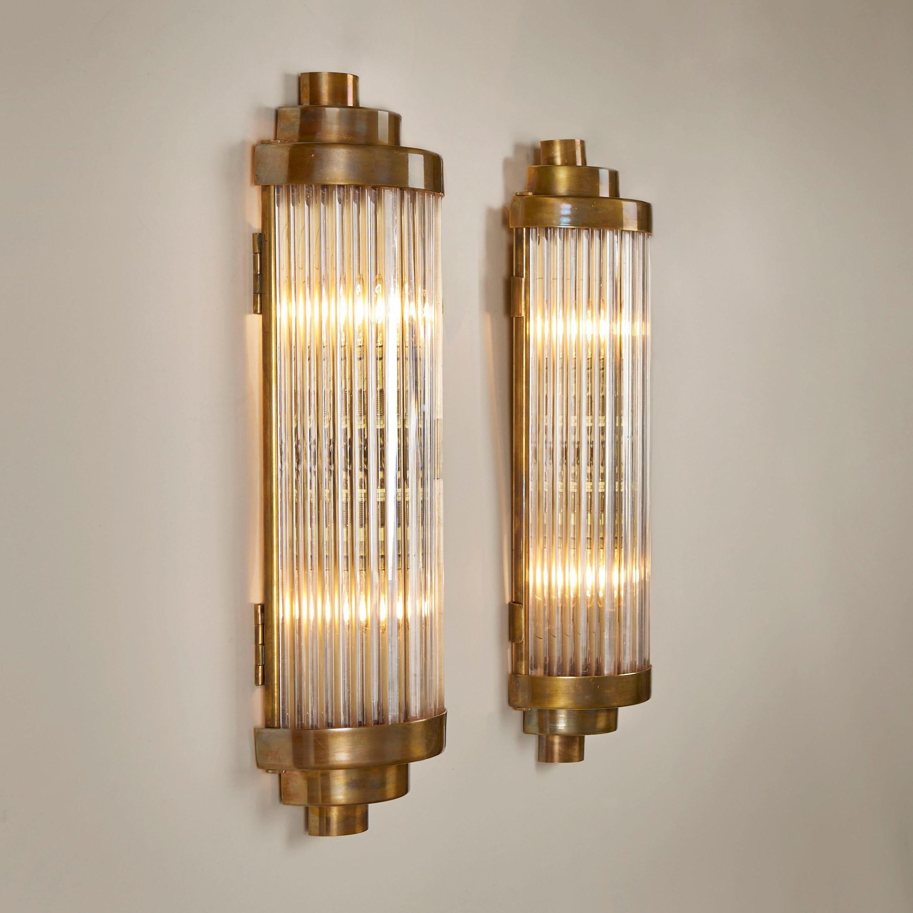 Brass Pair of Tall Italian Ravello Wall Lights with 3 Tier Detail For Sale