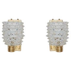 Pair of Tall Italian Rostrate Style Handblown Glass Sconces with Brass Bases