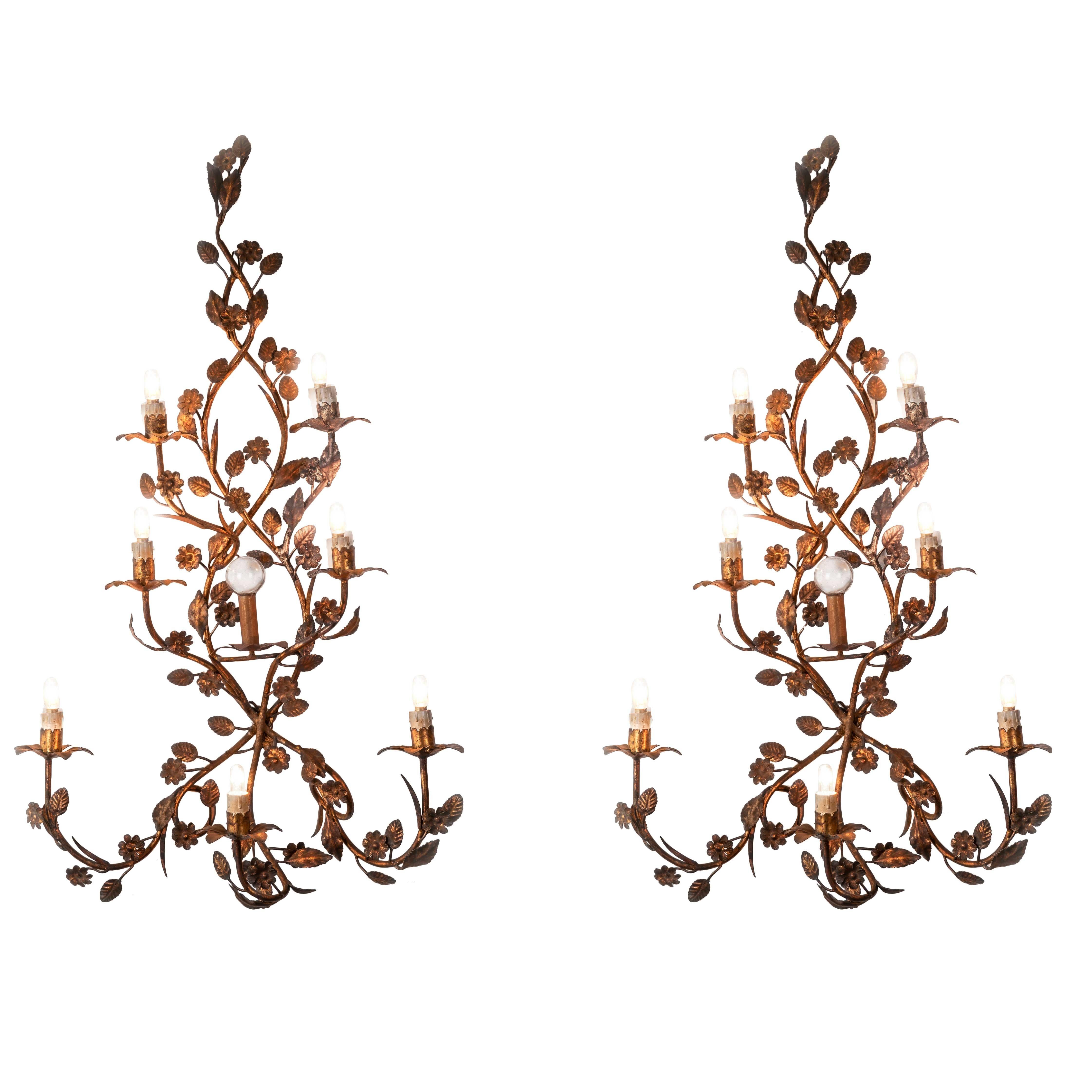 Italian Pair of Large Sconces 20th Century Seven-Light Wrought Iron Wall Lights