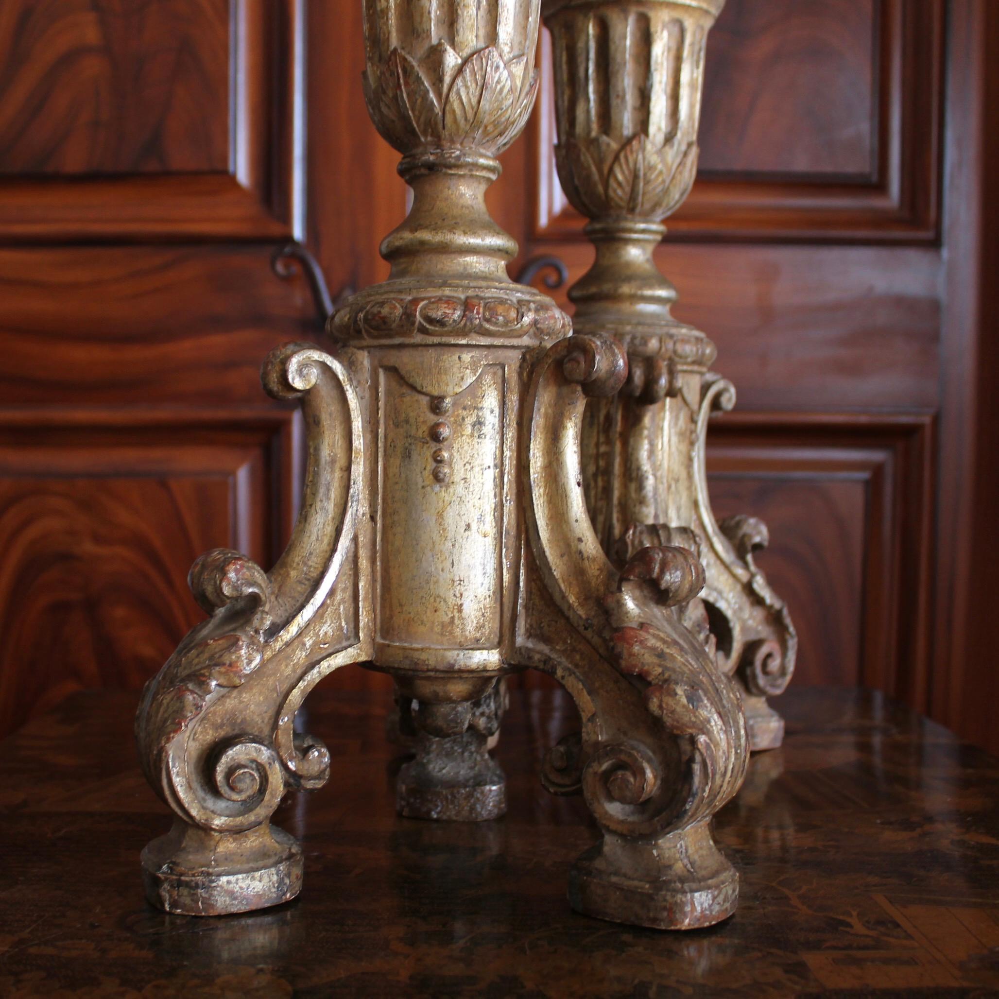Hand-Carved Pair Of Tall Italian Silver Gilt Prickets, 18th Century For Sale