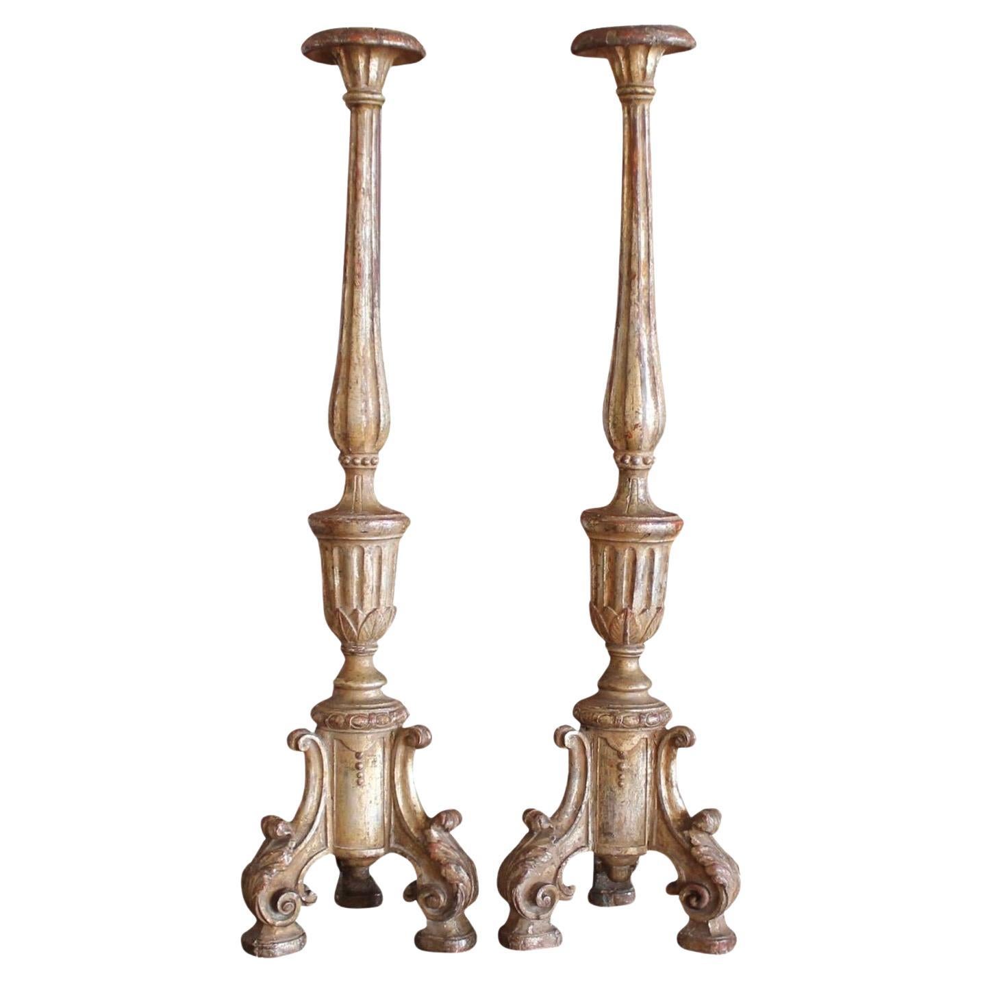Pair Of Tall Italian Silver Gilt Prickets, 18th Century For Sale