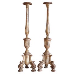 Antique Pair Of Tall Italian Silver Gilt Prickets, 18th Century