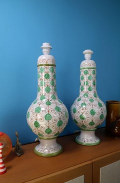Large Italian 1960s Organic Modern White, Green Lamps