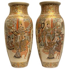 Pair of Tall Japanese Satsuma Vases