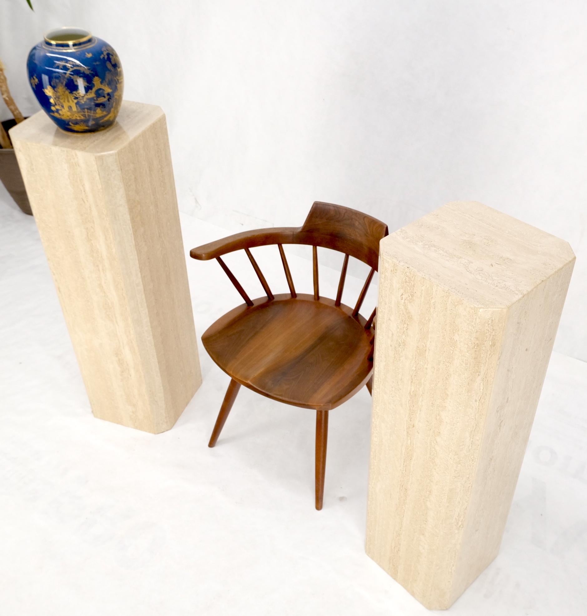 Pair of tall large square Italian Travertine pedestals stands.