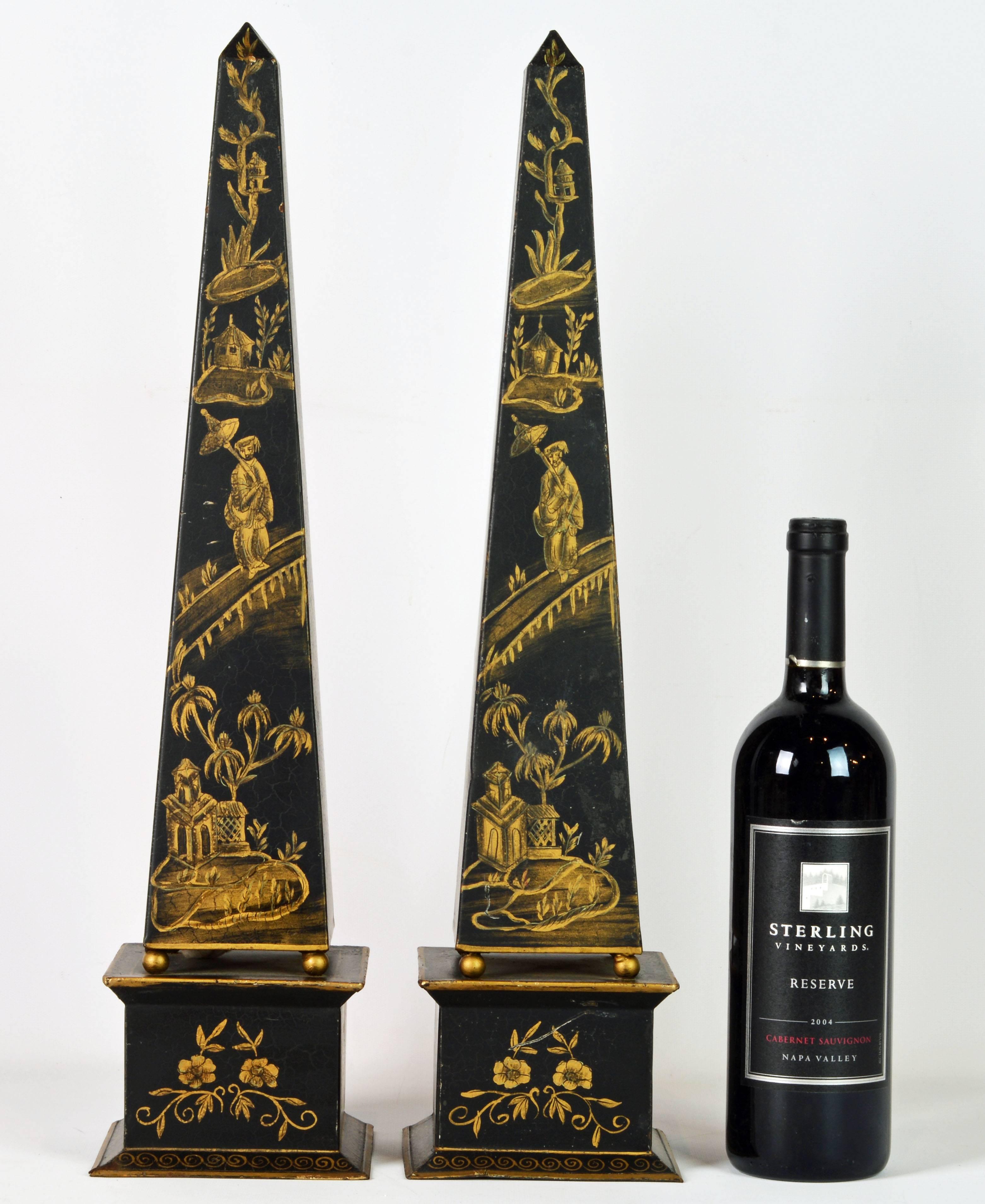 Hand-Painted Pair of Tall Late 19th Century English Chinoiserie Painted Obelisk Models