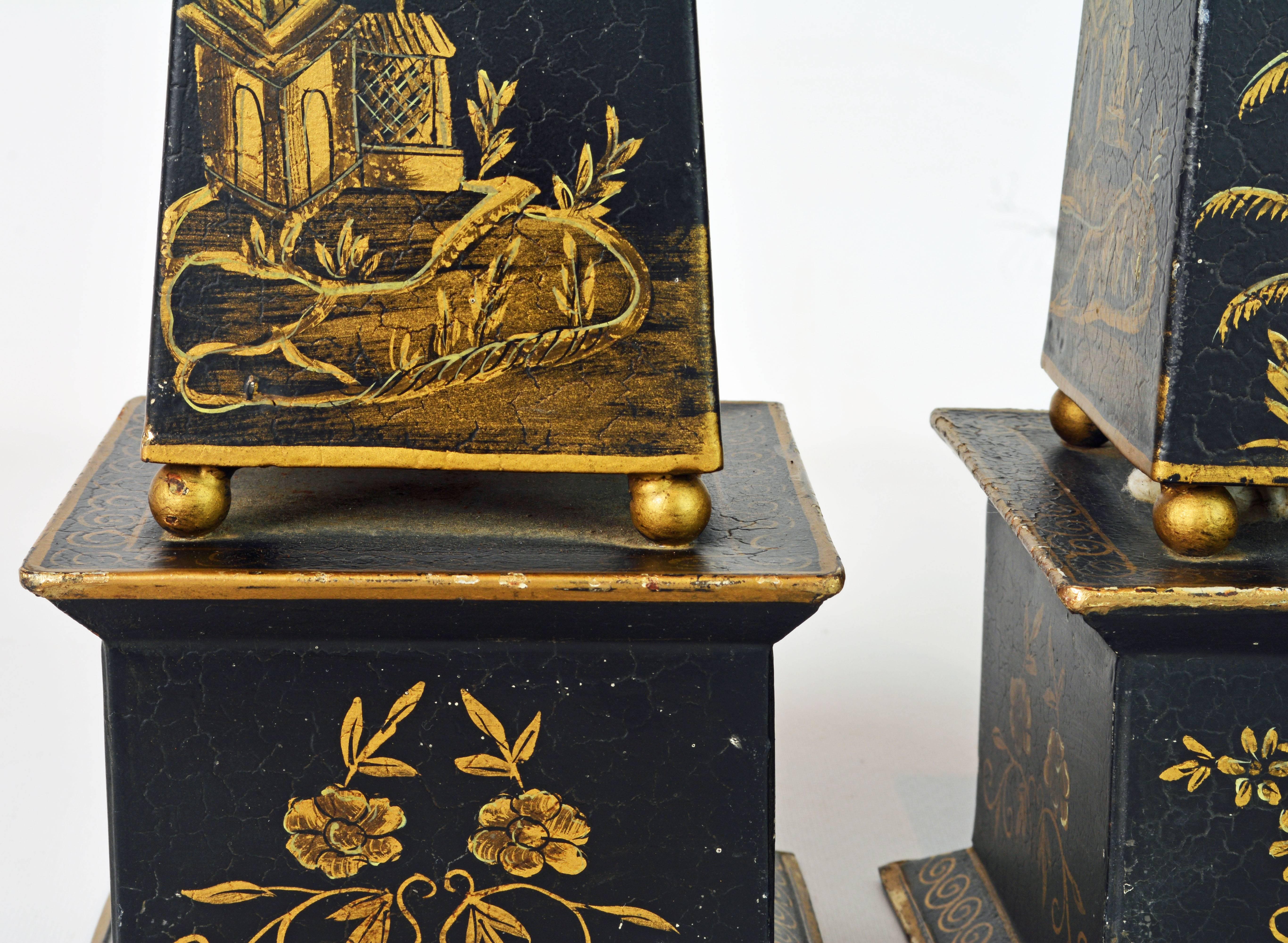 Pair of Tall Late 19th Century English Chinoiserie Painted Obelisk Models 1