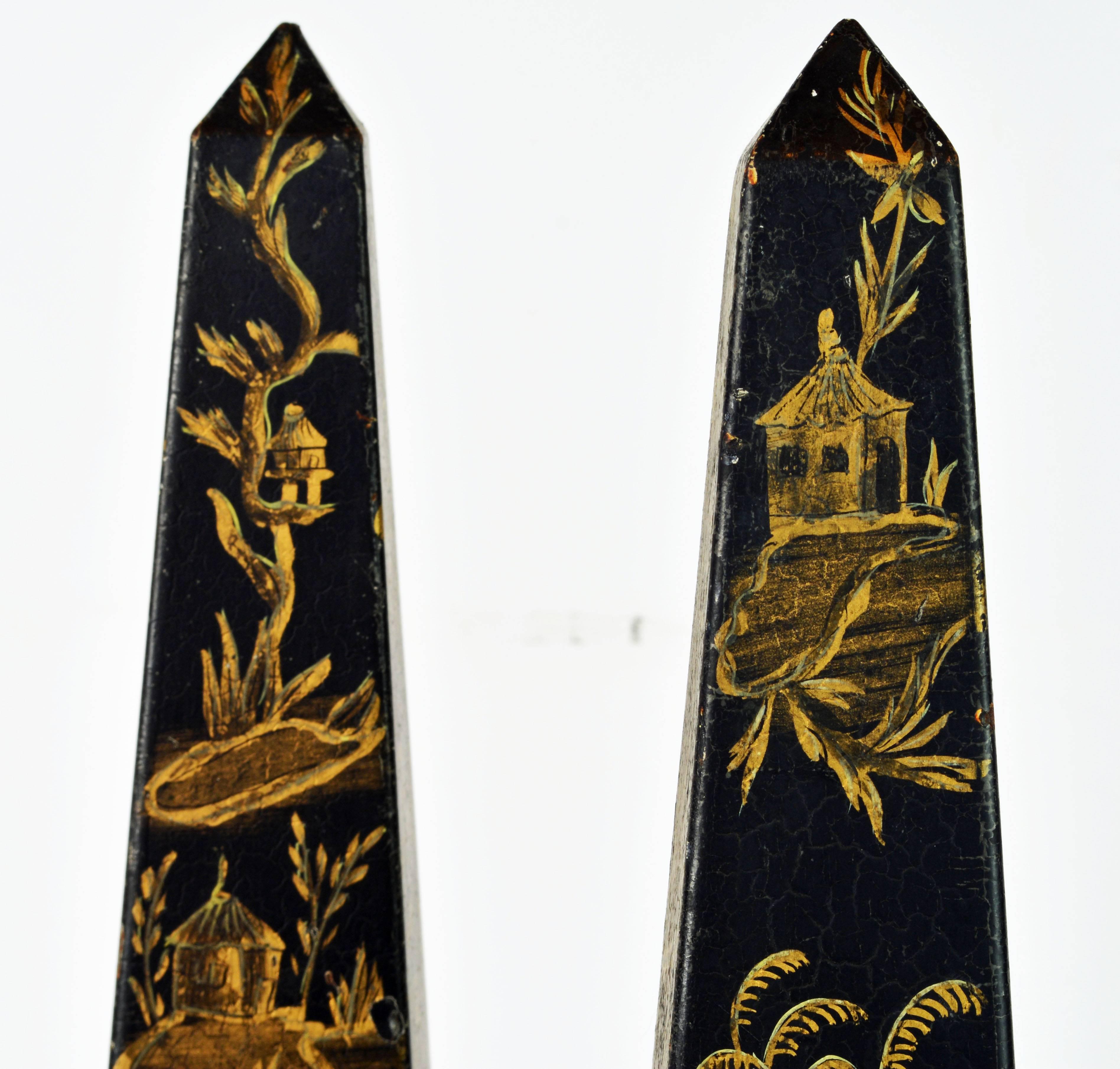 Pair of Tall Late 19th Century English Chinoiserie Painted Obelisk Models 2