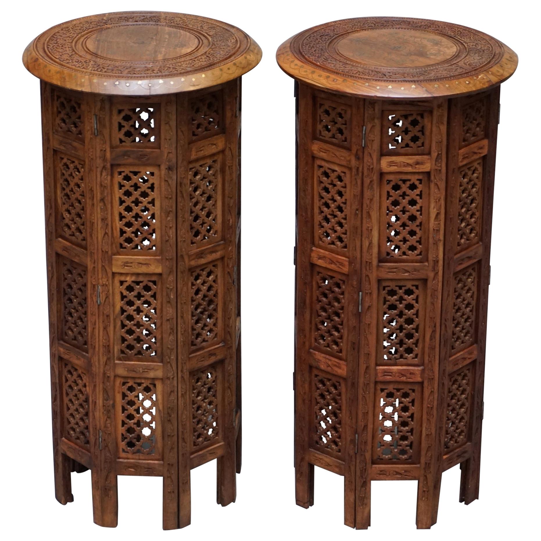 Pair of Tall Liberty's circa 1900 Syrian Hand Carved Hardwood Side End Tables
