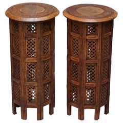 Pair of Tall Liberty's circa 1900 Syrian Hand Carved Hardwood Side End Tables