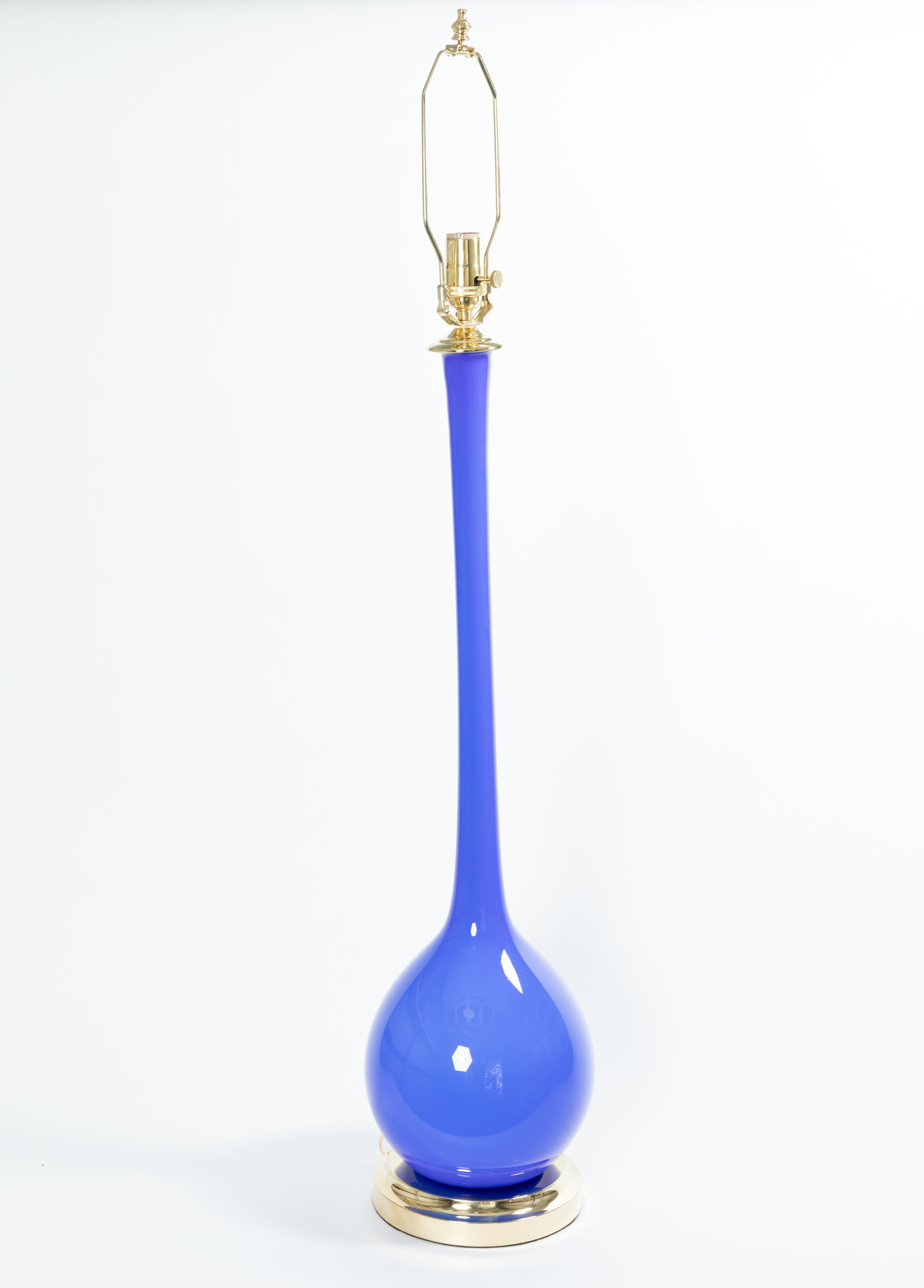 Mid-Century Modern Pair of Tall Long Neck Blue Murano Glass Table Lamps with Brass Detail For Sale