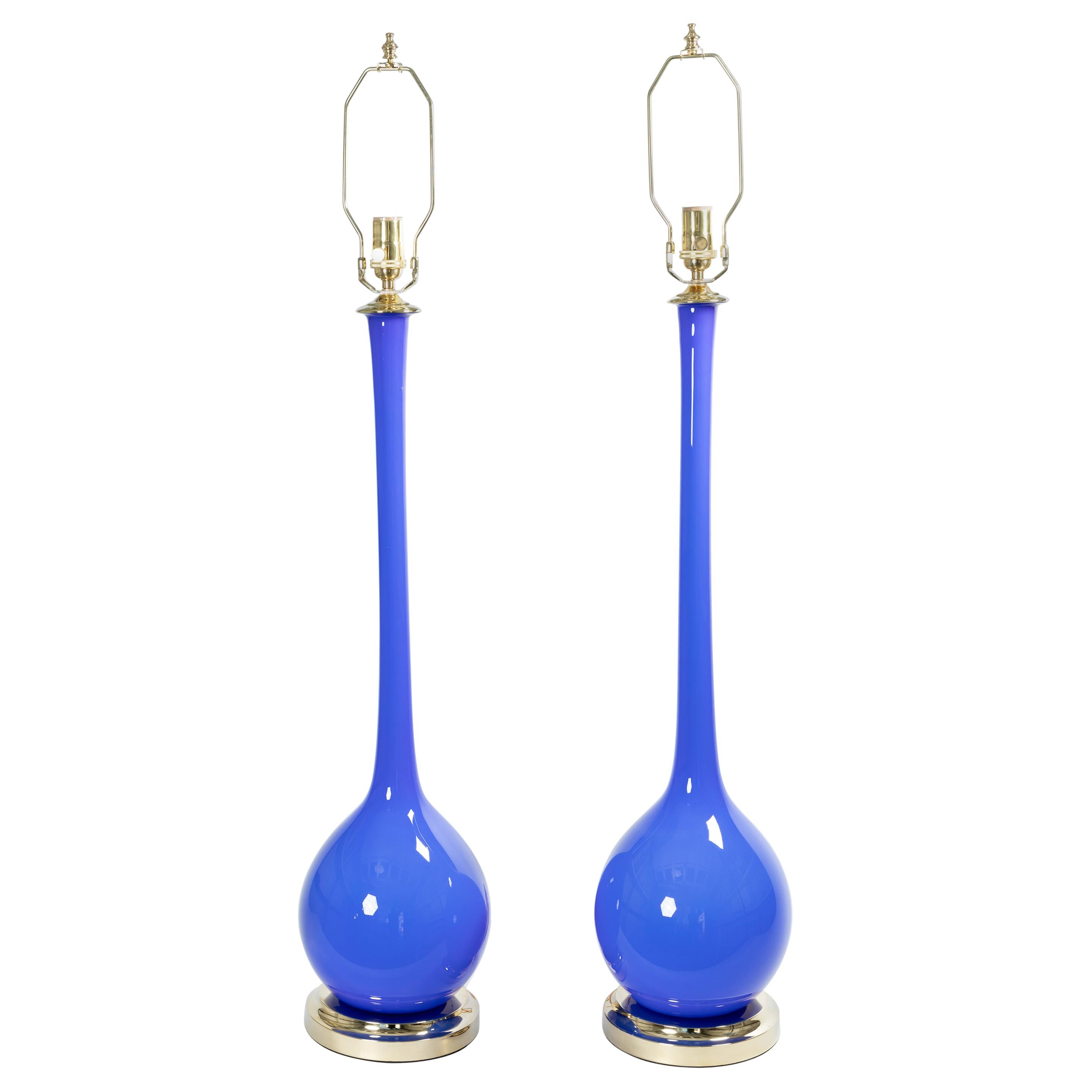 Pair of Tall Long Neck Blue Murano Glass Table Lamps with Brass Detail
