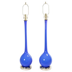 Pair of Tall Long Neck Blue Murano Glass Table Lamps with Brass Detail