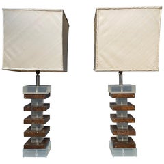 Vintage Pair of Tall Lucite and Faux Tortoise Shell Stacked Table Lamps