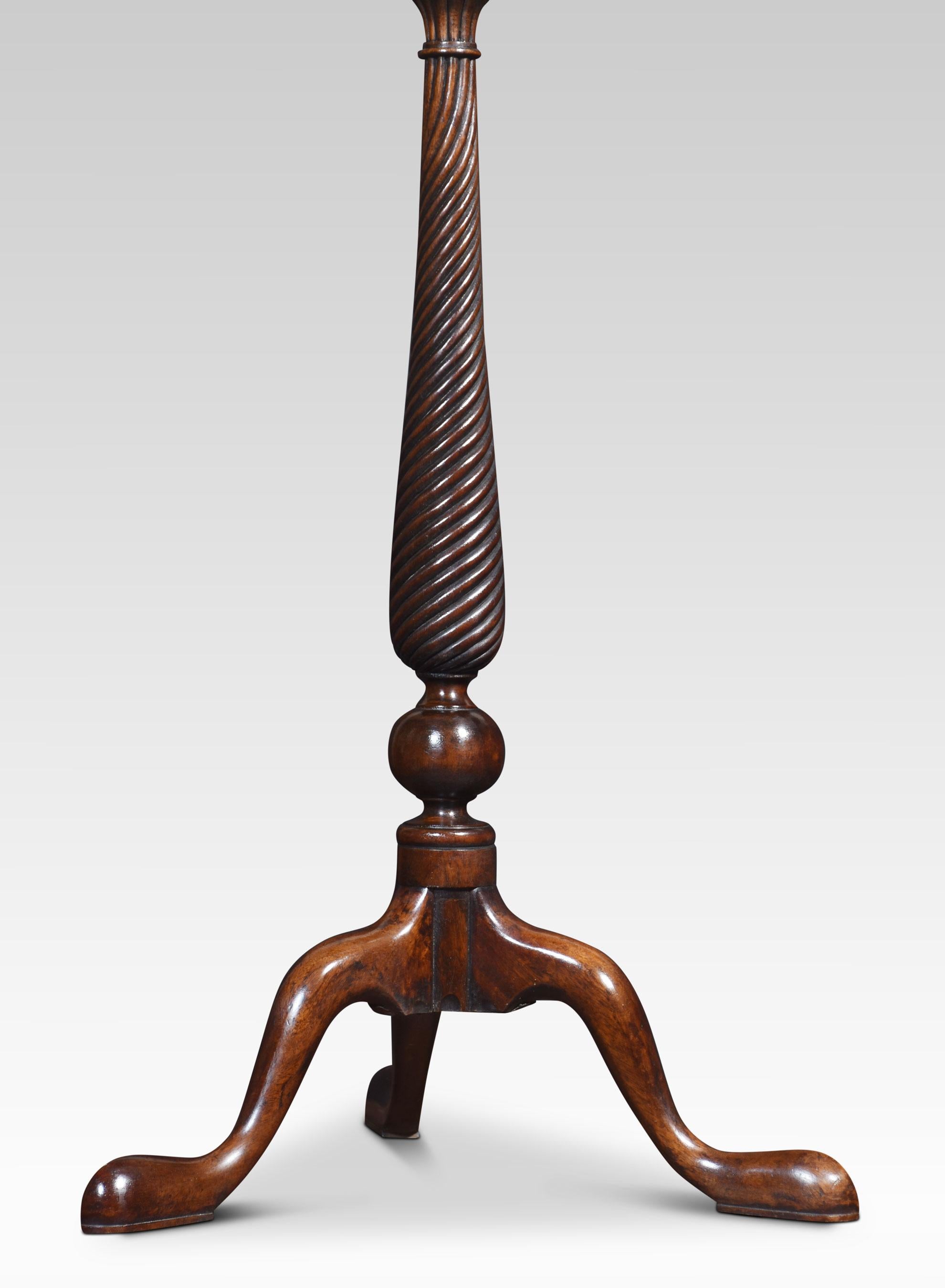 Pair of tall mahogany lamp tables, the circular tops above spiral carved columns, raised up on slender supports terminating in pad feet.
Dimensions
Height 35.5 Inches
Width 19.5 Inches
Depth 19.5 Inches

Diameter of top 11.5 Inches