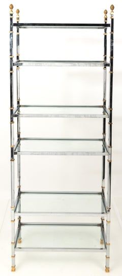 Pair of Tall Maison Jansen Style Polished Chrome and Brass Etageres