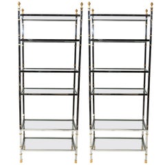 Pair of Tall Maison Jansen Style Polished Chrome and Brass Etageres