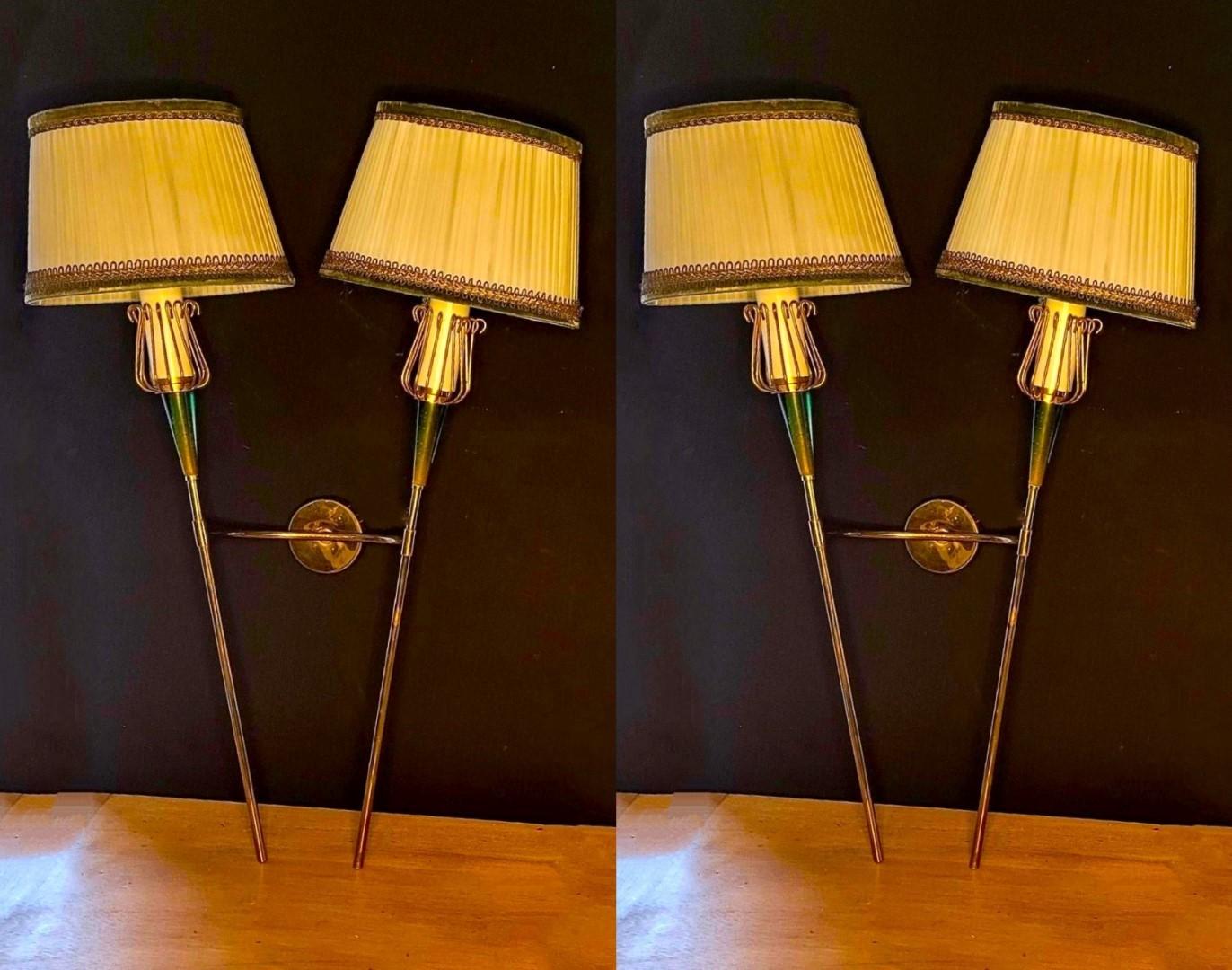 Pair of Maison Lunel Brass Two-Light Wall Sconces, France, 1950s For Sale 3