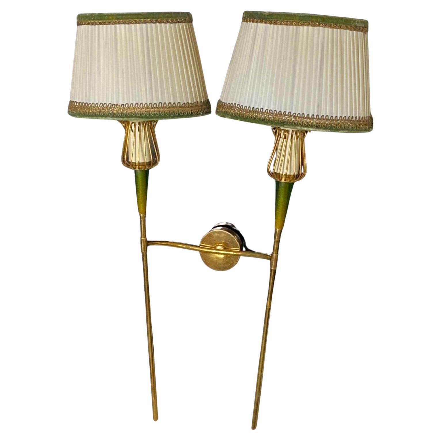 Mid-Century Modern Pair of Maison Lunel Brass Two-Light Wall Sconces, France, 1950s For Sale