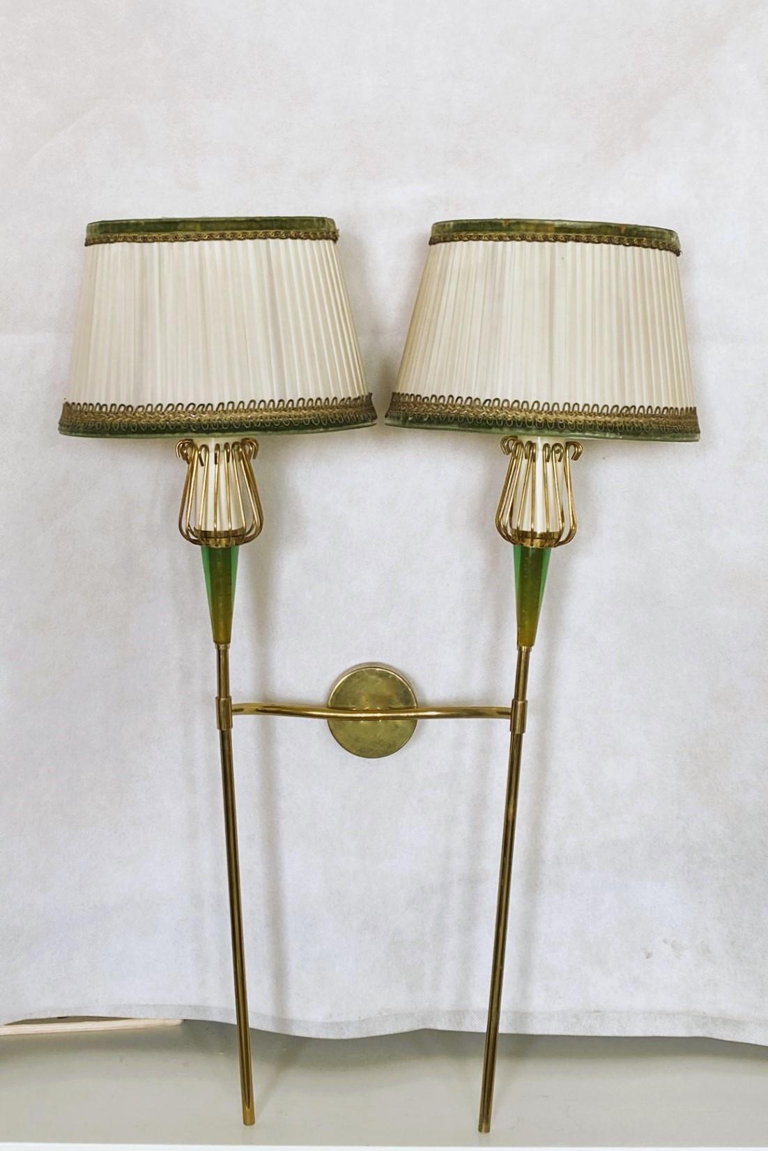 French Pair of Maison Lunel Brass Two-Light Wall Sconces, France, 1950s For Sale