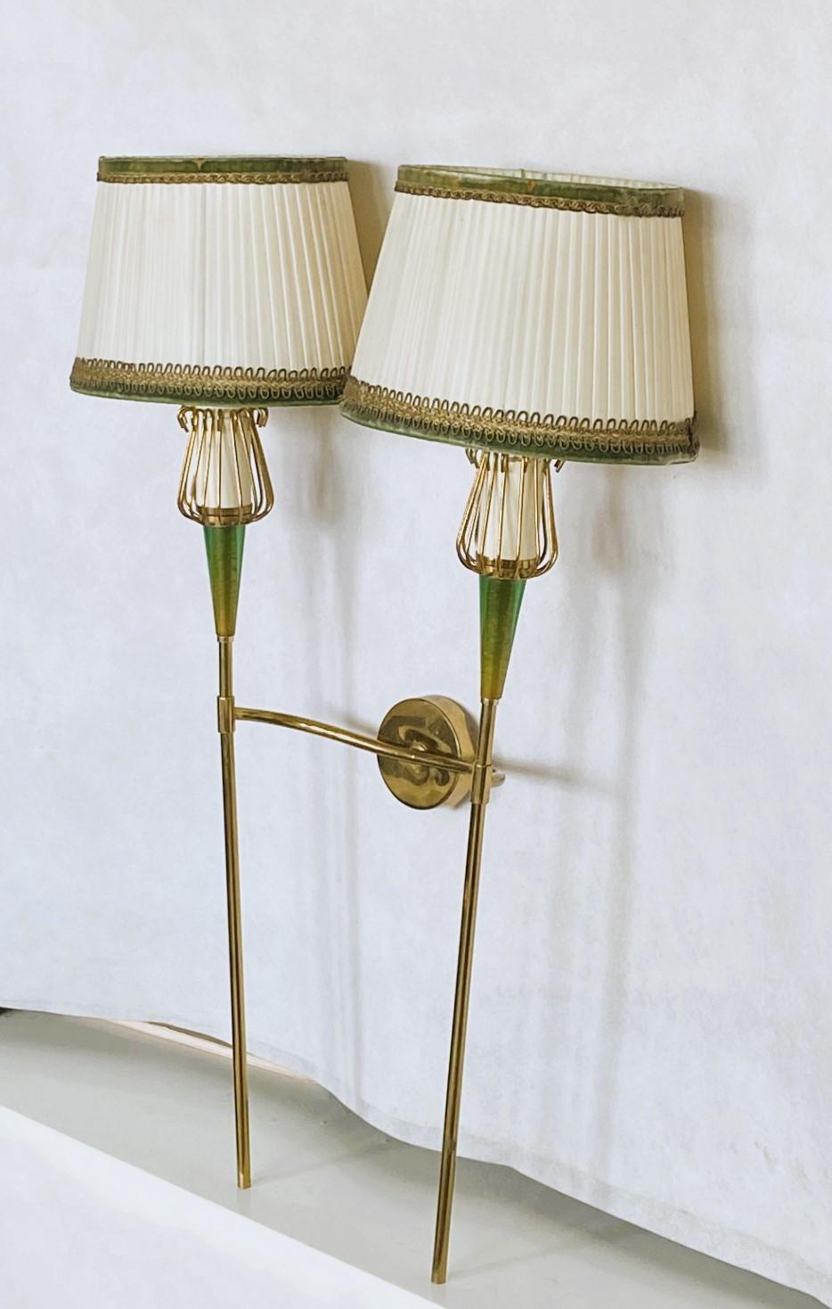 20th Century Pair of Maison Lunel Brass Two-Light Wall Sconces, France, 1950s For Sale