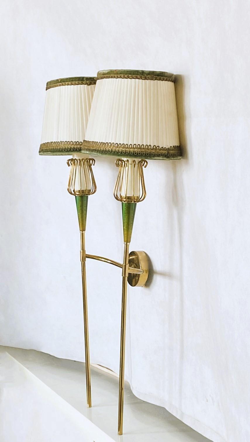 Lucite Pair of Maison Lunel Brass Two-Light Wall Sconces, France, 1950s For Sale