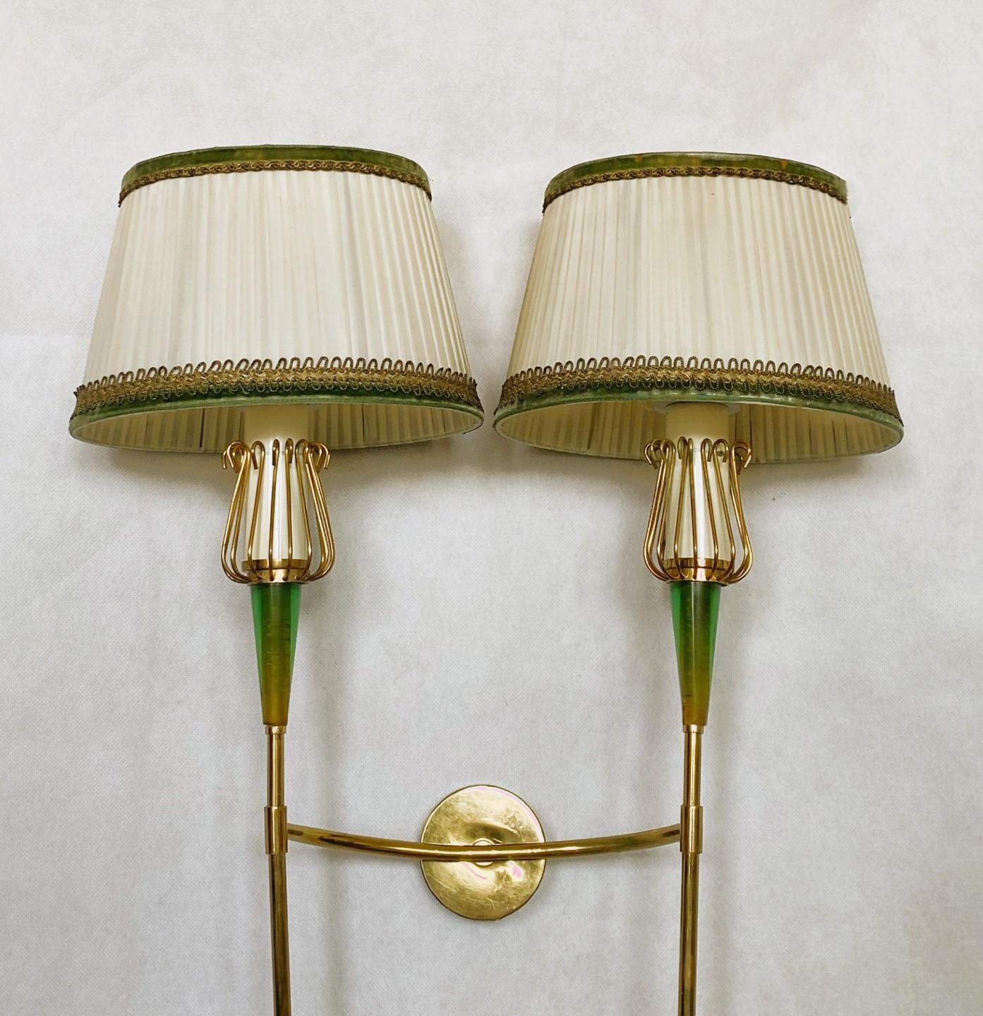 Pair of Maison Lunel Brass Two-Light Wall Sconces, France, 1950s For Sale 1