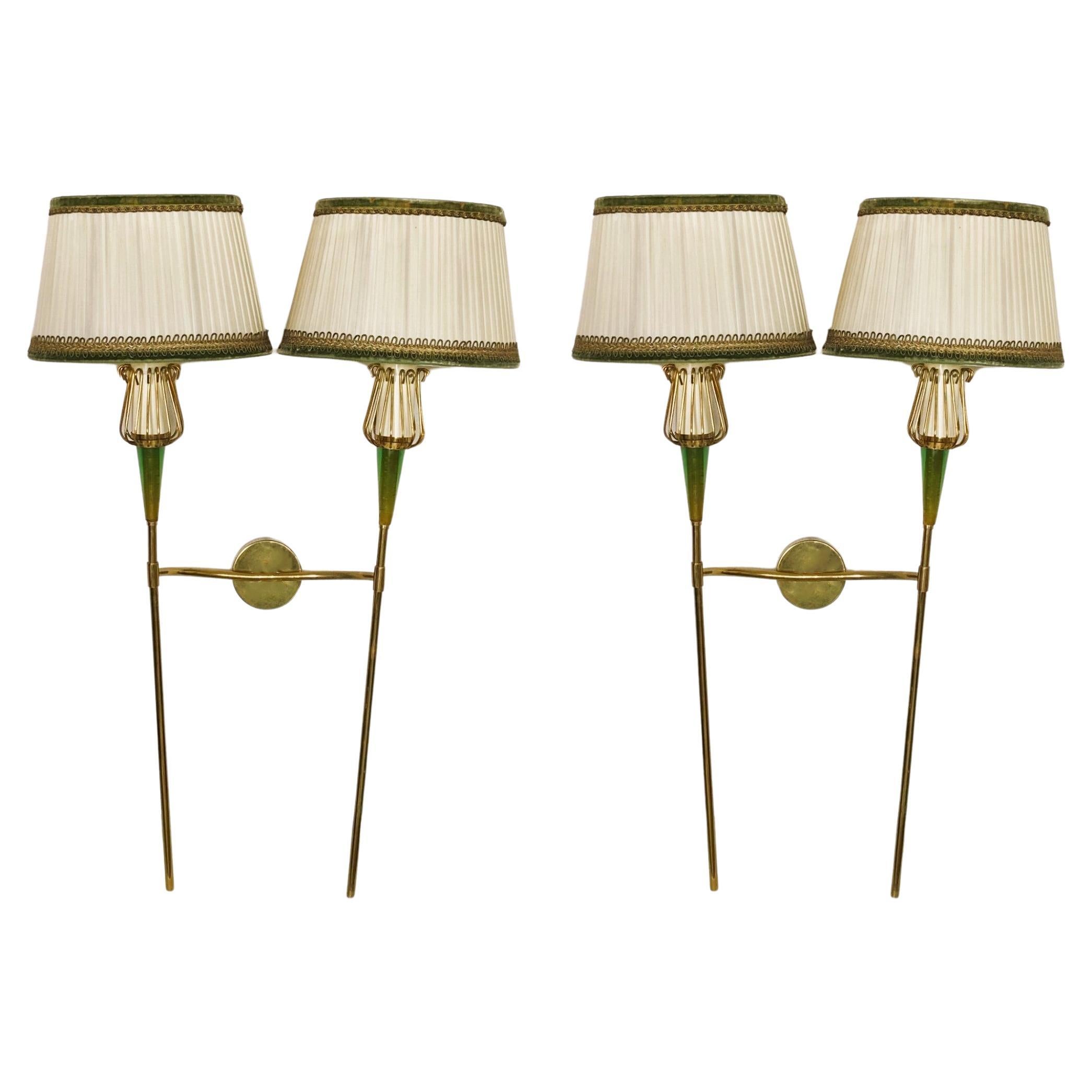 Pair of Tall Maison Lunel Brass Two-Light Wall Sconces, 1950s, Original Shades