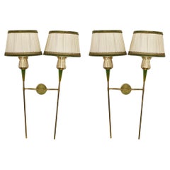 Pair of Tall Maison Lunel Brass Two-Light Wall Sconces, 1950s, Original Shades