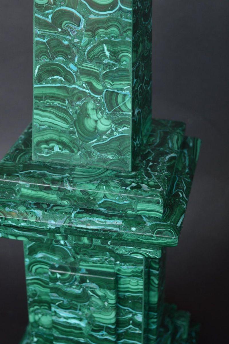 Mid-20th Century Pair of Tall Malachite Obelisks For Sale