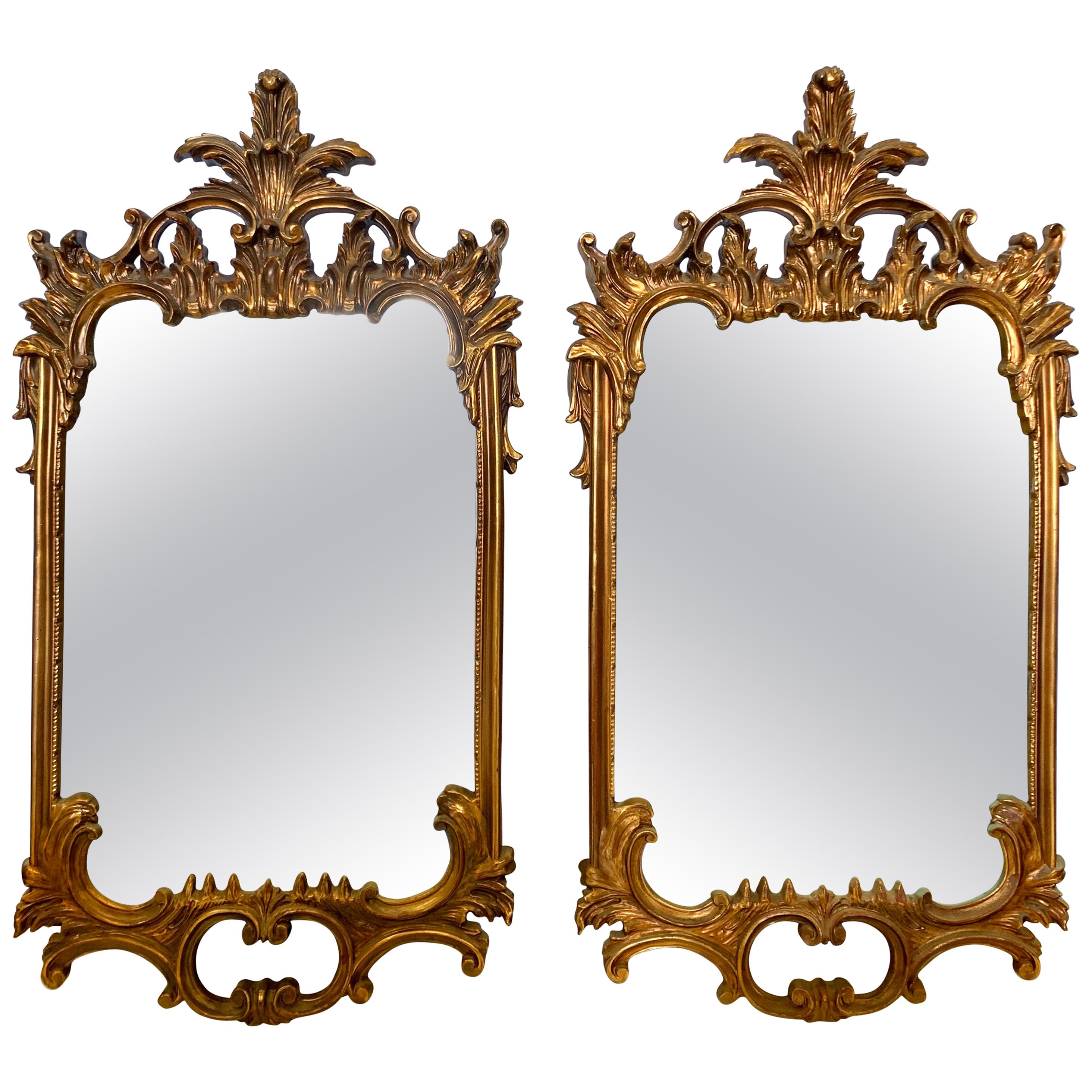Pair of Tall Matching Carved Baroque Style Giltwood Mirrors
