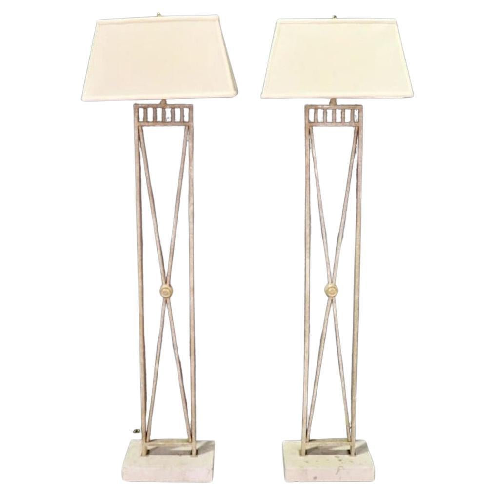 Pair of Tall Metal & Marble Floor Lamps For Sale