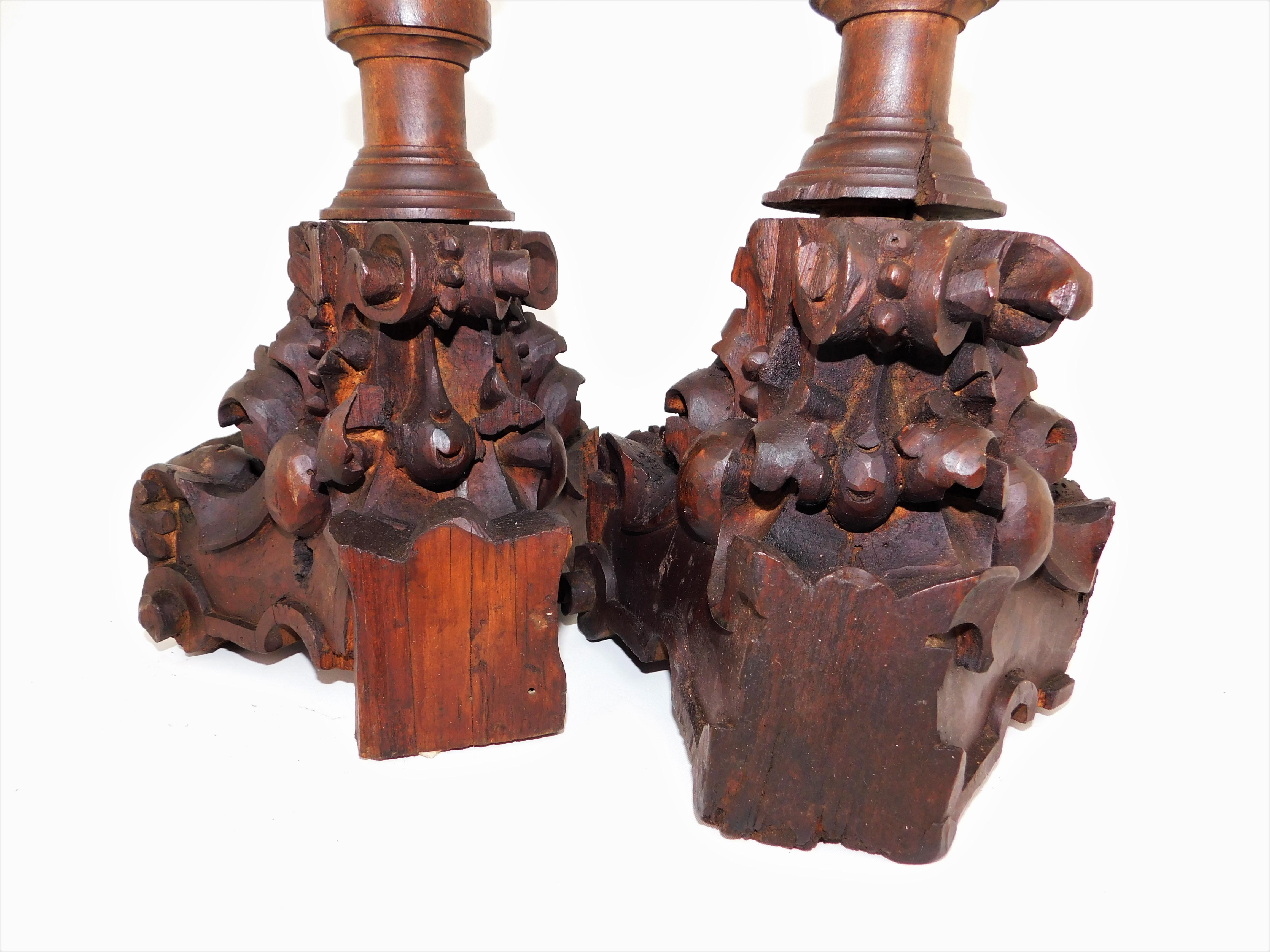 Pair of Tall Mid-19th Century Traditional Rustic Wood Candlesticks For Sale 2