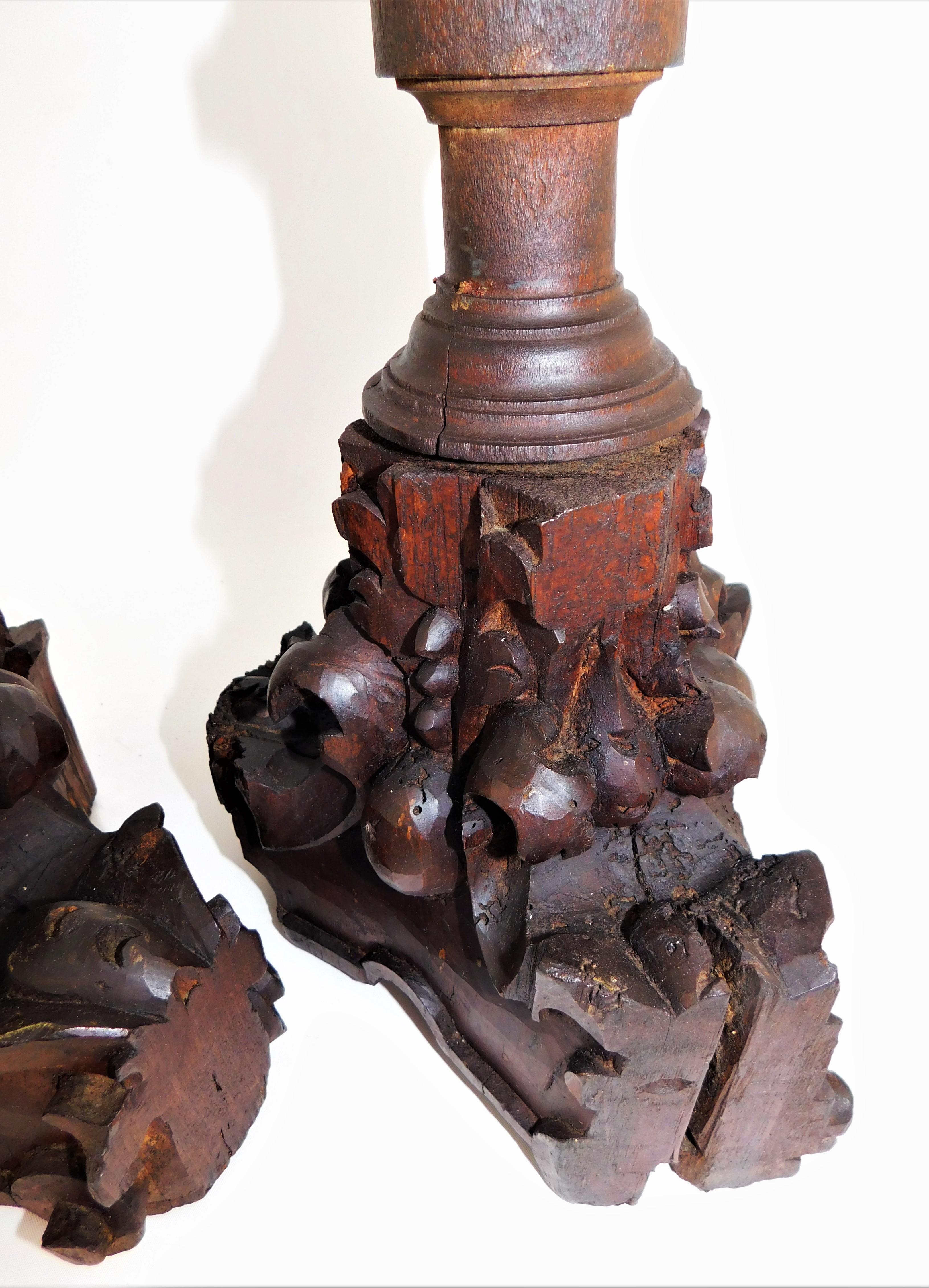 Hand-Carved Pair of Tall Mid-19th Century Traditional Rustic Wood Candlesticks For Sale