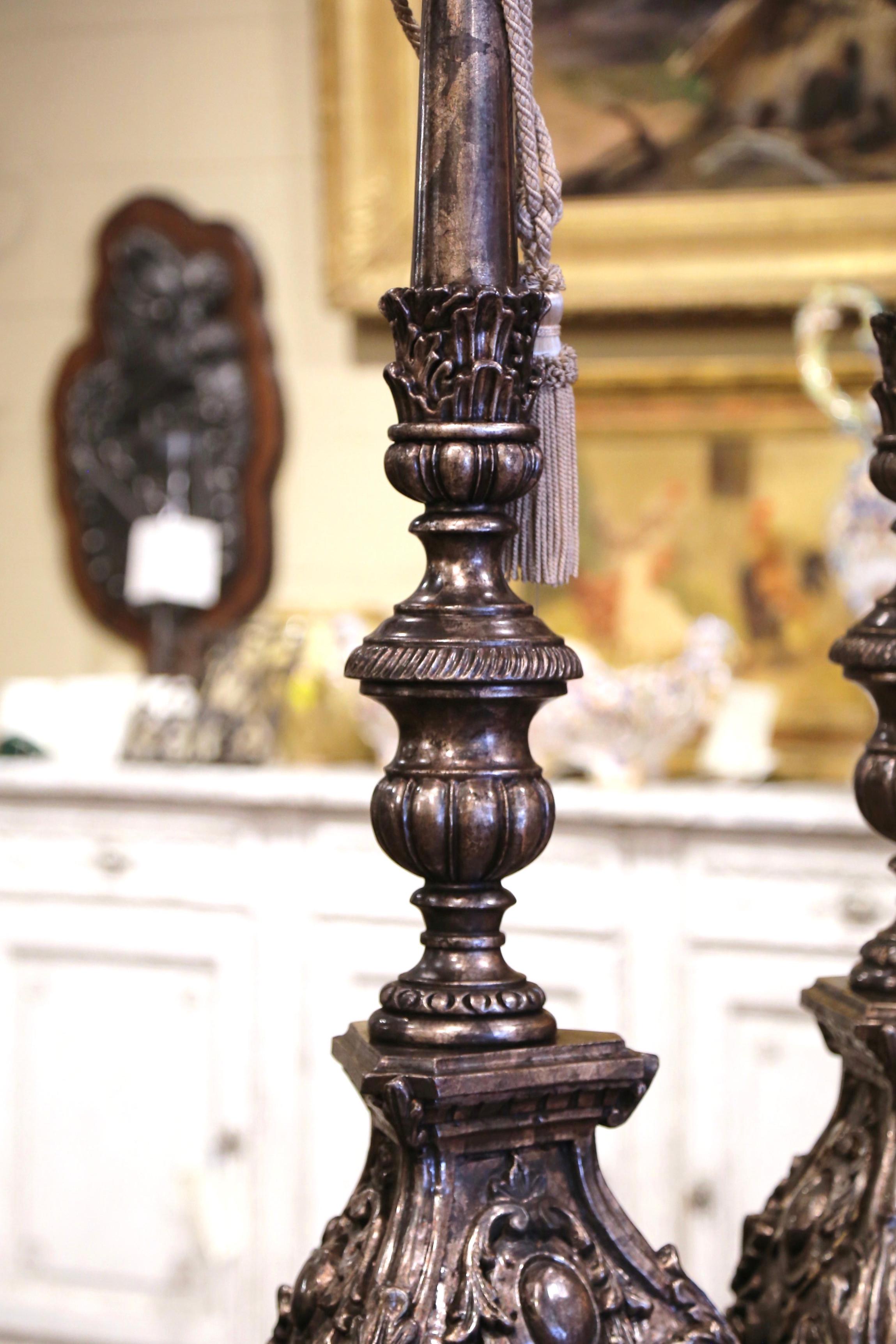 Silvered Pair of Mid-Century Italian Carved Silver Leaf Candlesticks Prickets