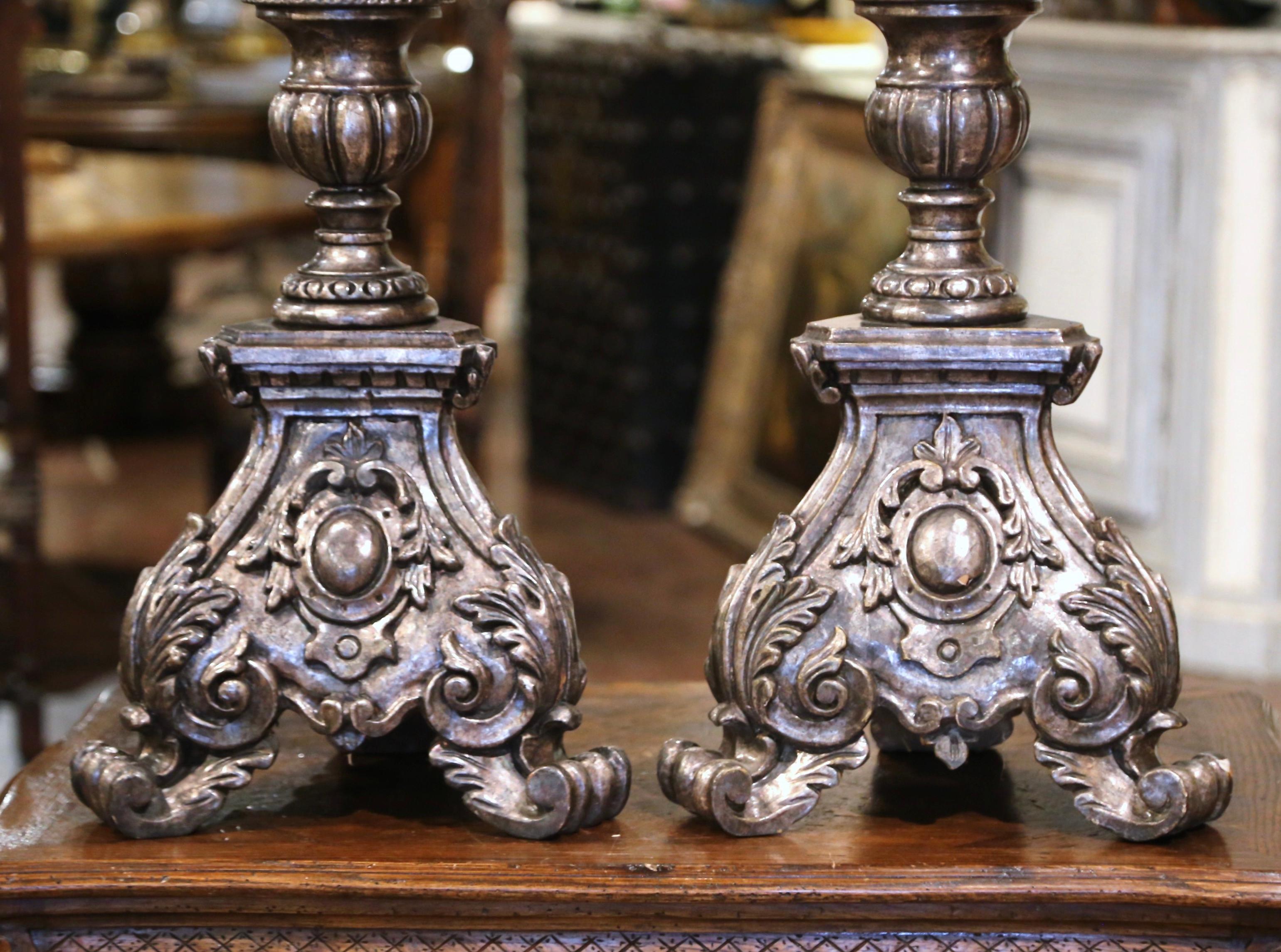 20th Century Pair of Mid-Century Italian Carved Silver Leaf Candlesticks Prickets