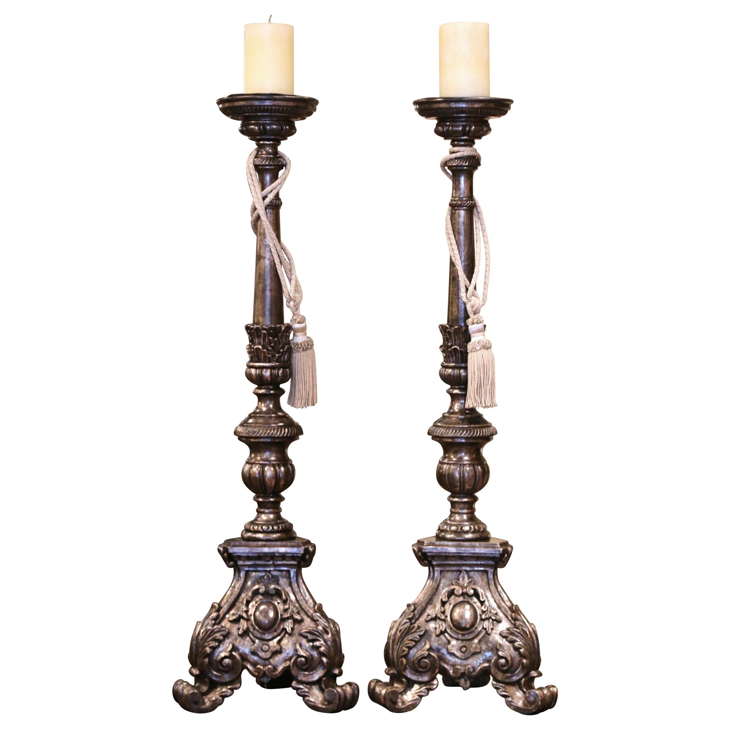 Pair of Mid-Century Italian Carved Silver Leaf Candlesticks Prickets