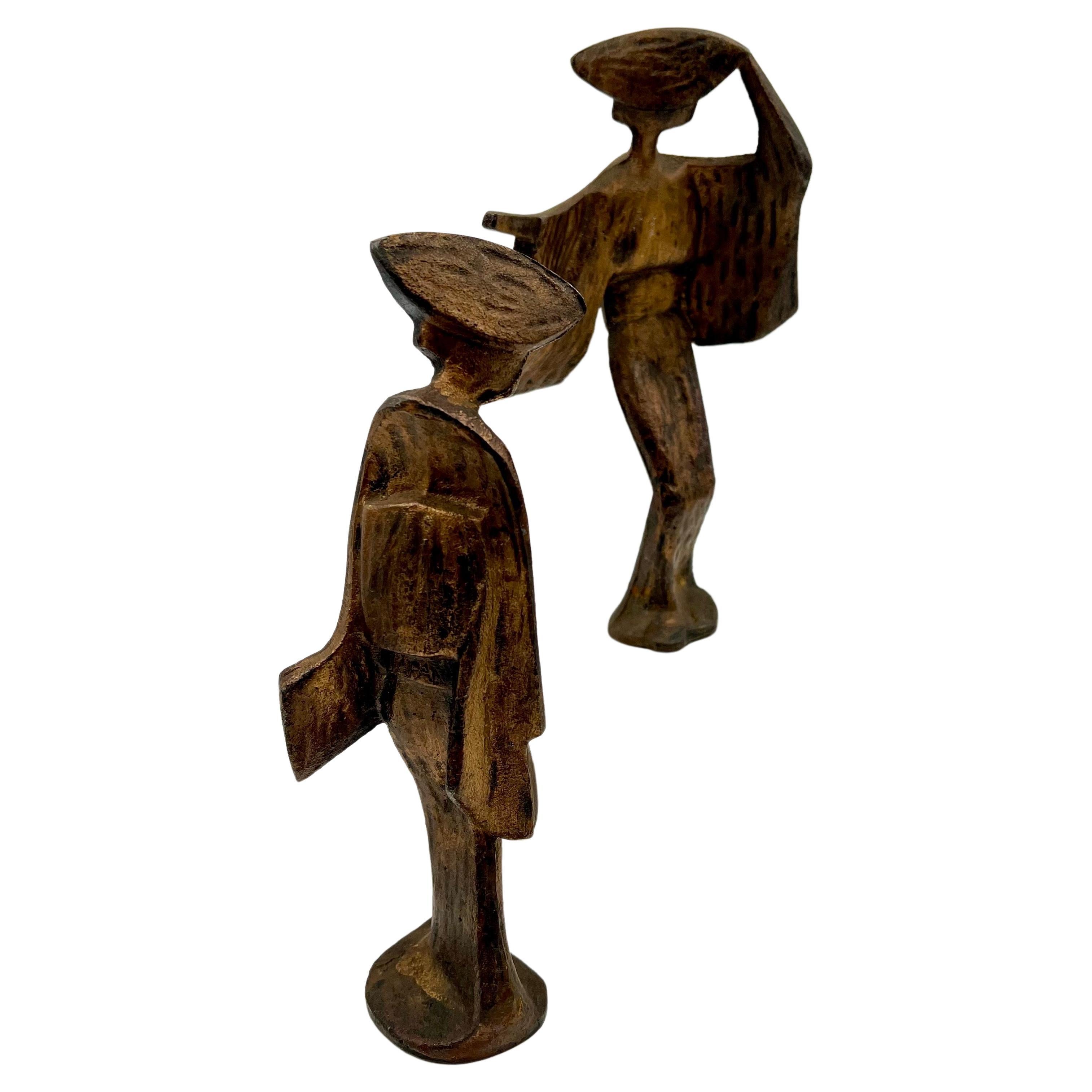 Cast Pair of Tall Midcentury Japanese Geisha Dancing Figures Sculptures For Sale